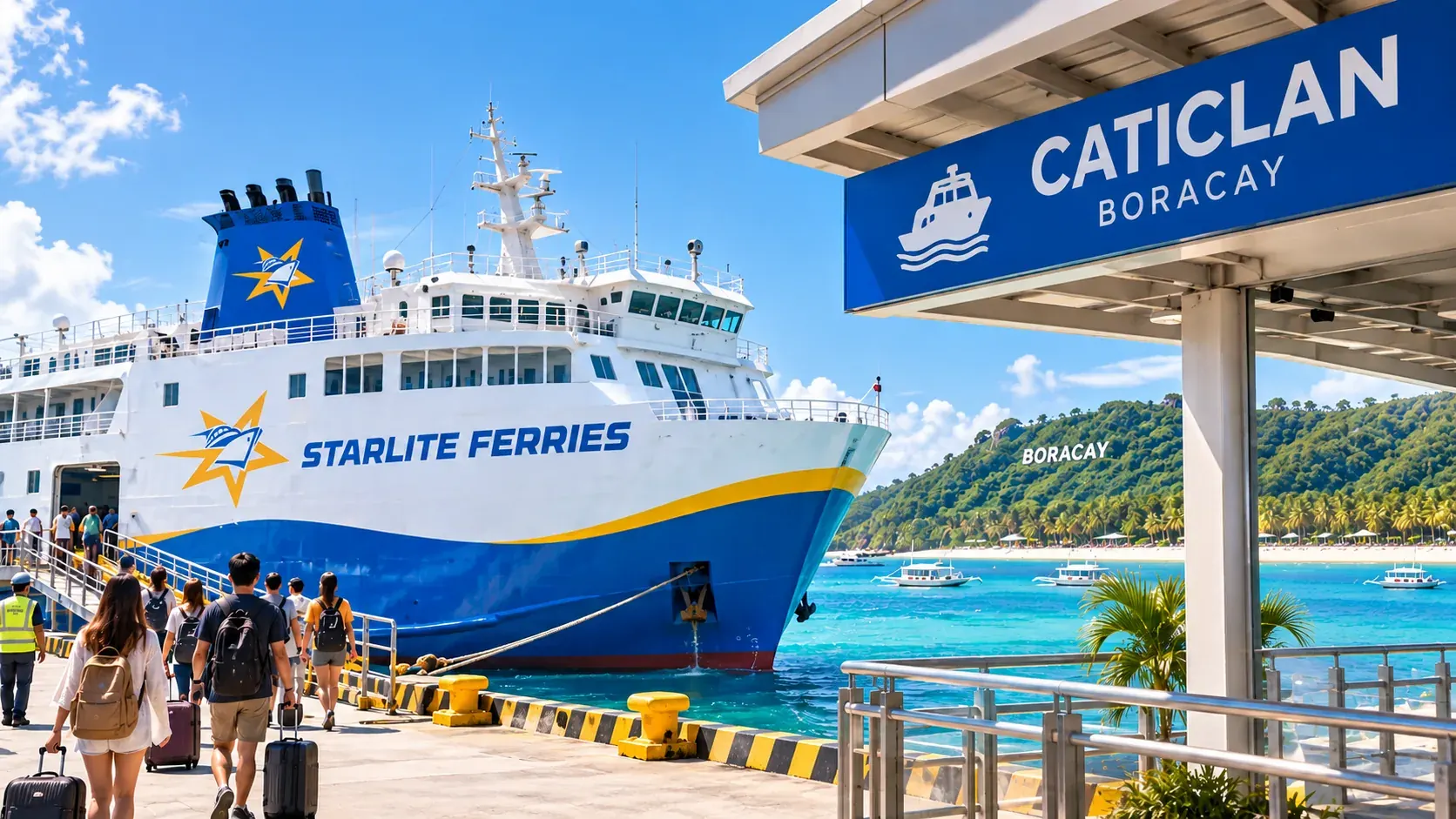 Starlite Ferries roll-on roll-off vessel berthed at Caticlan Jetty Port, with passengers walking the quay and Boracay across the channel