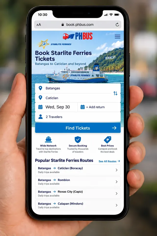 Phone showing a Starlite Ferries search from Batangas to Caticlan on book.phbus.com, with travel date, passengers and popular crossings